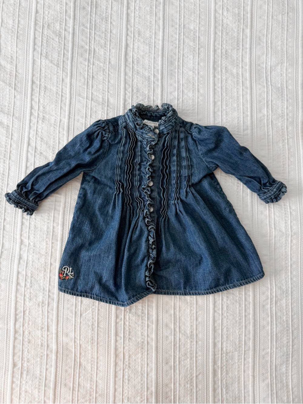 Ralph Lauren Baby Girl 100% Cotton Blue Denim Ruffle Button Long Sleeve Top 6M